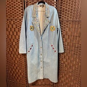 Vintage Marshall Rousso Embellished Denim Duster Coat L Rhinestone Studded